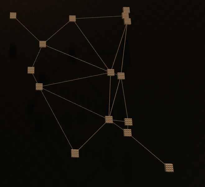 Delaunay Triangulation ran in-game simulating rooms and pathways to rooms