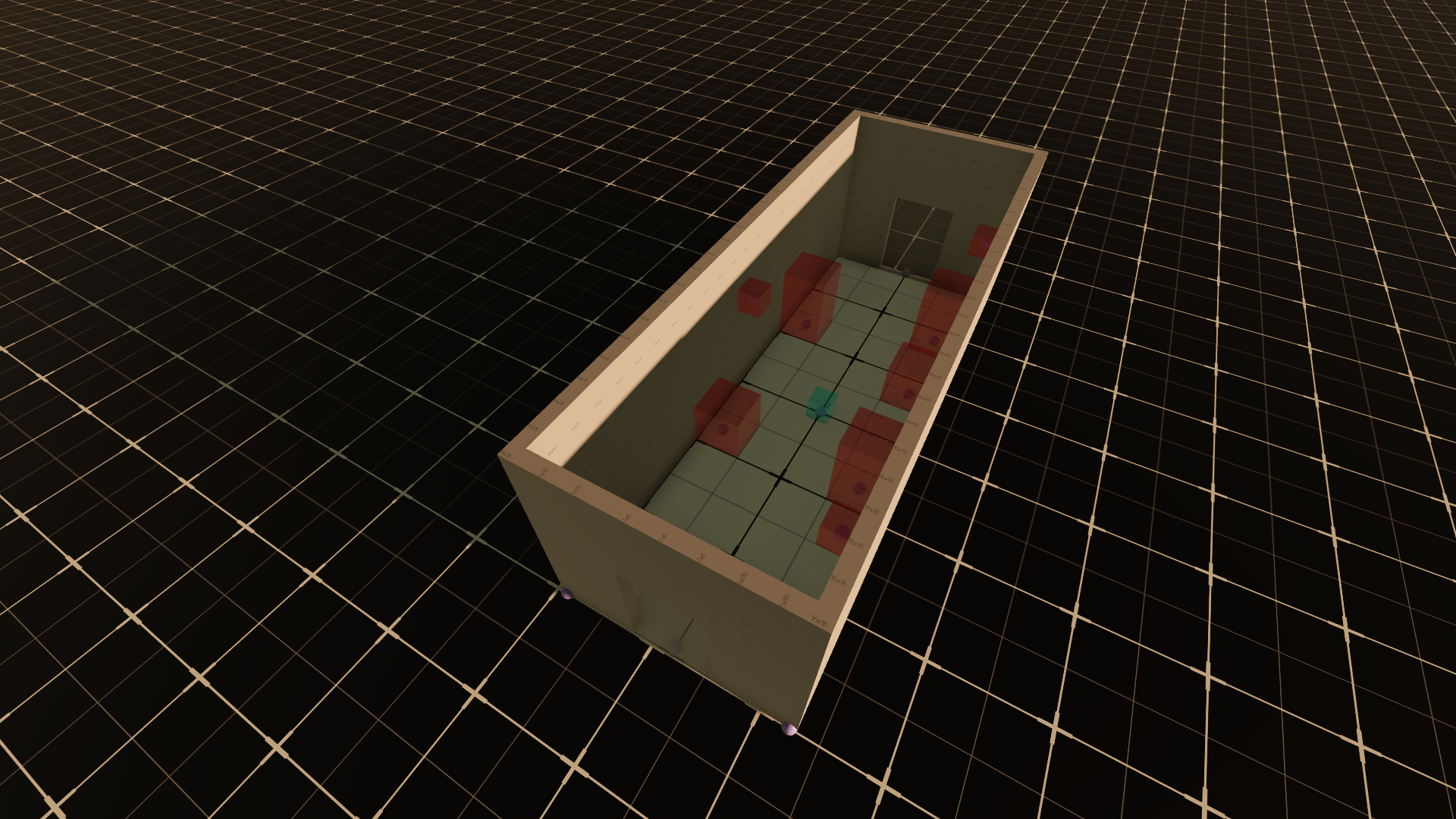 First iteration of dungeon hallway designed with nodes, objects, and items; alongside all dimensions needed